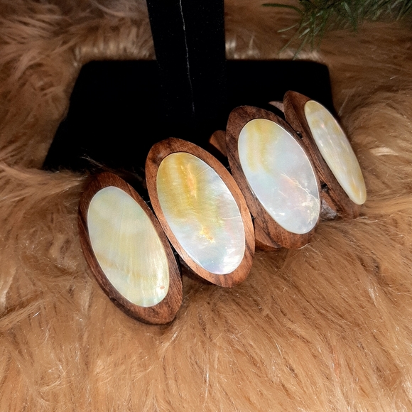 OVAL TEAKWOOD & ABALONE SHELL STRETCH BRACELET - Picture 6 of 8